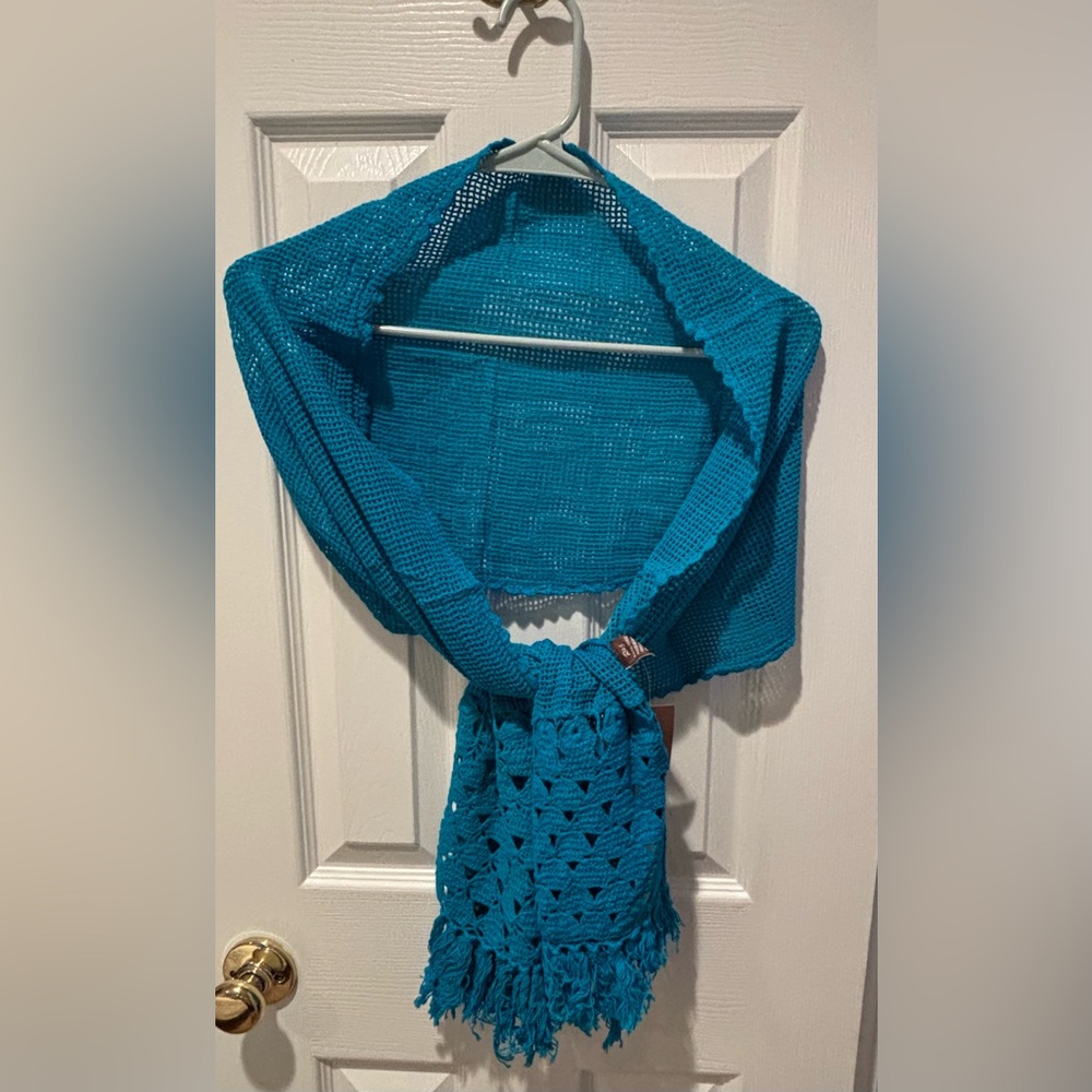 Raj Teal Blue Cotton Crochet Fringe Scarf Wrap Shawl NWT One Size